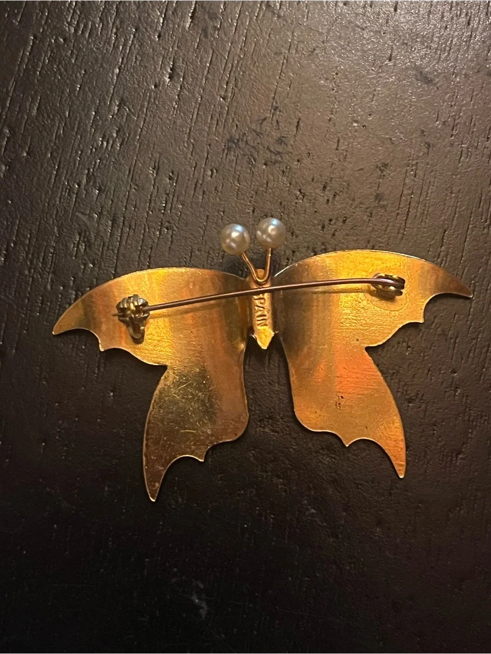 Vintage Damascene Butterfly Brooch with Red Accent and Pearl Antennae